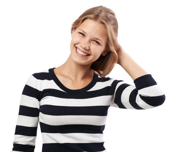 Hermosa chica en un suéter a rayas linda sonrisa —  Fotos de Stock
