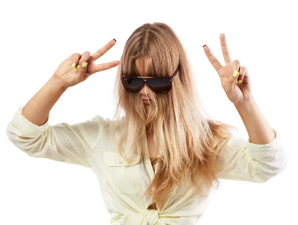 Girl in a yellow shirt fooled — Stock Photo, Image