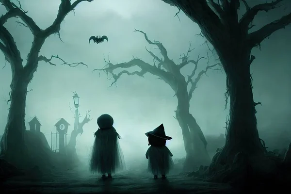 Kids in Halloween costumes in a scary foggy forest. High quality illustration