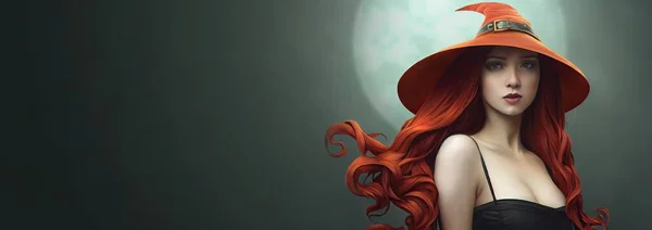 Illustration for Halloween with red-haired witch in a hat with long curls on the background of the full moon. High quality illustration