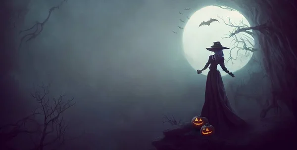 A witch against the full moon Halloween background. High quality illustration