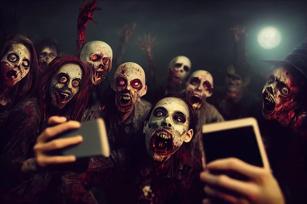 Creepy illustration of zombies at a Halloween party taking selfies. . High quality illustration
