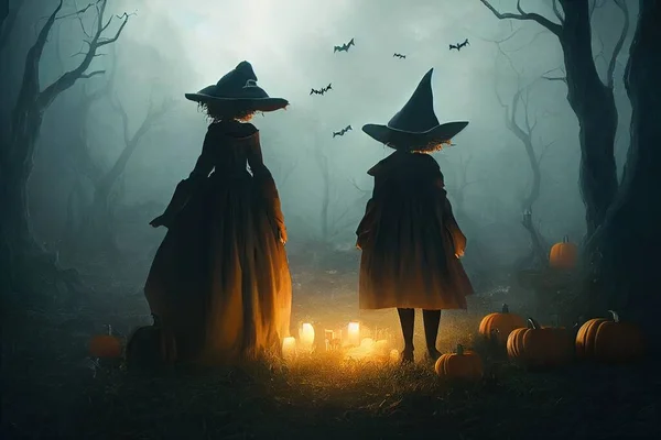 Two witches perform a magic ritual on Halloween. High quality illustration