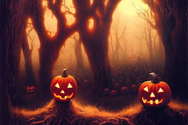 Scary jack-o-lantern pumpkins cover the ground against the backdrop of a mysterious forest . High quality illustration