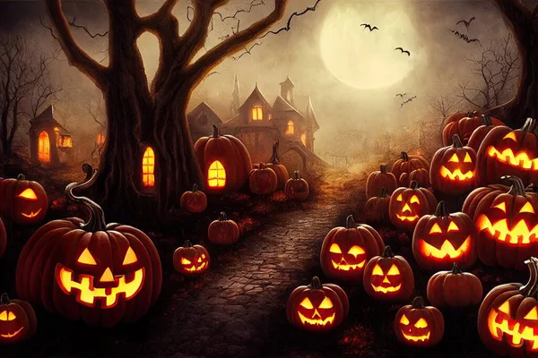 Pumpkins Jack-o-lantern cover the ramp on the way to the spooky house , Halloween background . High quality illustration