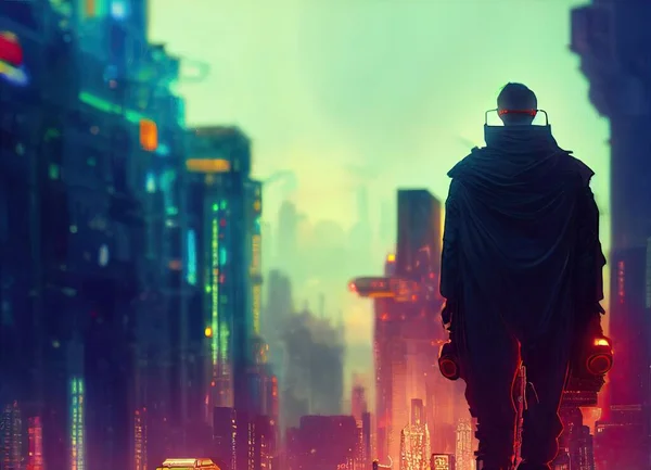 Robot man dressed in a cloak in a nighttime city. Skyscrapers in neon and ultraviolet lights in the background. High quality 3d illustration