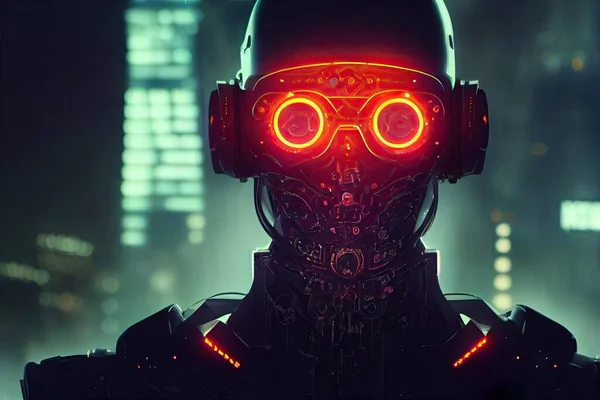 A cyberpunk robot with glowing red eyes in a night metropolis. Glowing skyscrapers on the background. High quality 3d illustration