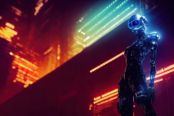 Cyberpunk robot with glowing eye in night metropolis. Neon and ultraviolet background. High quality 3d illustration