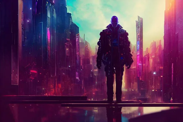 A robot man wearing a cloak in a metropolis at night. Neon and ultraviolet lights landscape. High quality 3d illustration