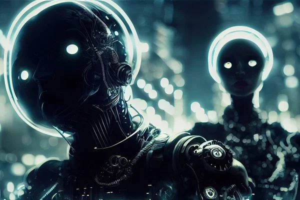 Cyberpunk robots with glowing blue eyes in night metropolis. High quality 3d illustration
