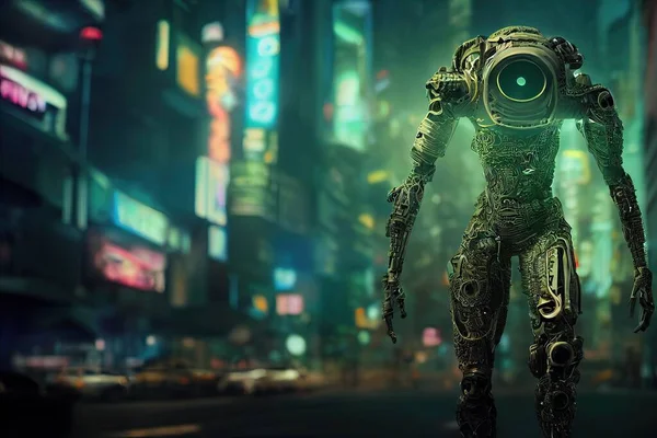 A cyberpunk robot with a glowing eye stands majestically against the neon-lit metropolis at night. High quality 3d illustration