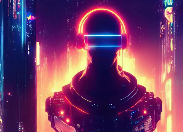 A cyberpunk robot with glowing blue eyes and red headphones. Neon and ultraviolet metropolis in the background. High quality 3d illustration