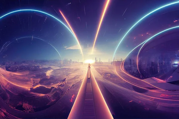 Metaverse sunrise in space. Virtual reality. Neon blue lights. High quality 3d illustration