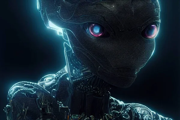 Baby cyborg head with luminous eyes on black luminous neon background. High quality 3d illustration