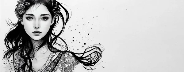 Black and white portrait of a beautiful Asian girl . High quality illustration