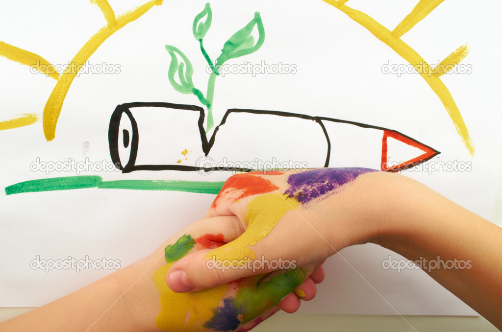Child handshake on the background of a picture depicting the disarmament and revival