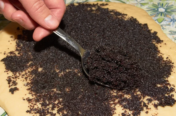 Pie.Preparation tatlı bir pasta evde poppy ile dolu