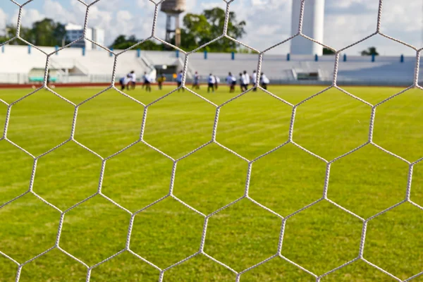 Futbol yeşil çim zemin üzerine net — Stok fotoğraf