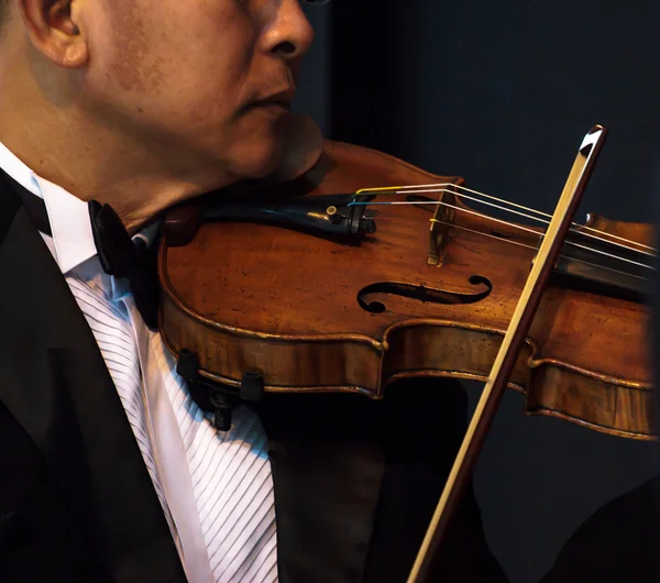 A tocar violino. Instrumento musical com mãos de intérprete em d — Fotografia de Stock