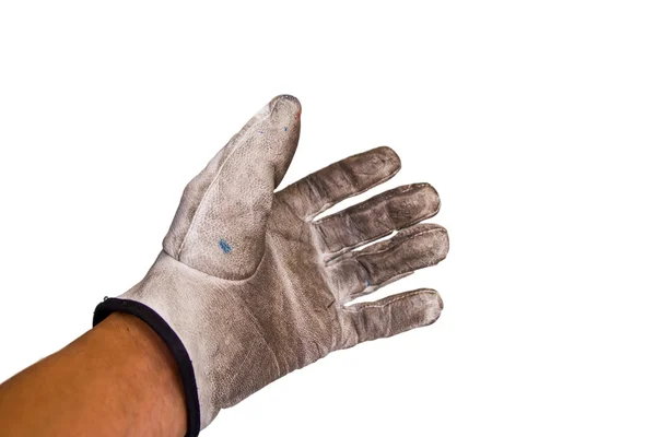 Close-up van vuile lederen handschoenen in fabriek — Stockfoto