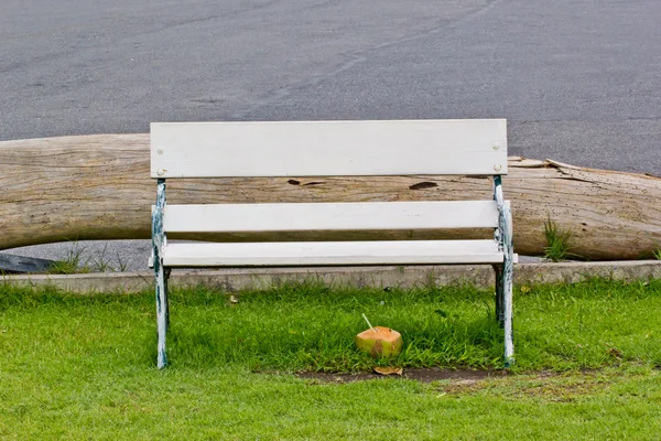 ココナッツと白い背景の上の緑の草とベンチ — ストック写真