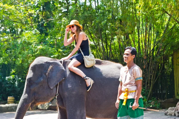 Touristin reitet Elefant im Zoo — Stockfoto