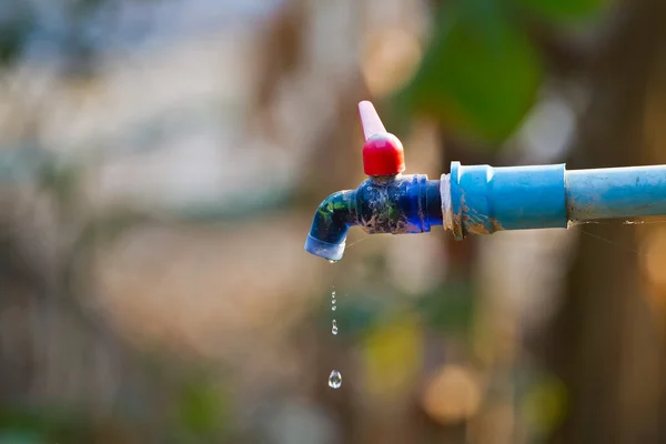 Hand hold outdoor water tap with tube — Stock Photo, Image