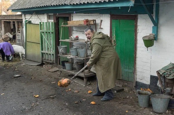 Porträt Eines Positiven Ukrainischen Landmanns Der Versucht Seinen Schmutzigen Hof lizenzfreie Stockbilder