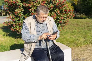 Kafkas kıdemli adam güneşli sonbahar gününde bankta oturuyor ve hücresel kullanım yapıyor.