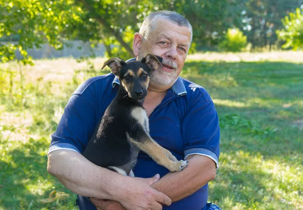 nice positive portrait of Ukrainian senior man sitting in summer garden  with sweet puppy on the hands witch is in save place.