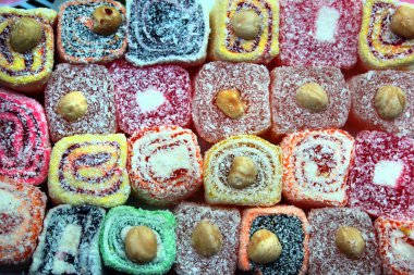 Türk zevki tatlı küp arka planı. Lokum üzerine şeker serpiştirilmiş. Üst görünüm