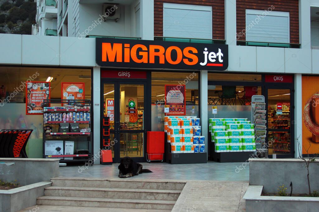 Antalya, Turkey - April 9, 2022: Migros Jet, a chain supermarket of Migros, one of the biggest retail companies in Turkey offering food items and consumer goods