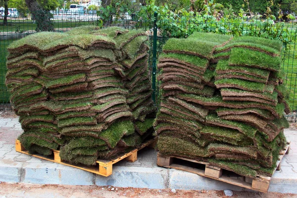 Pilhas Manchas Sod Verde Usado Para Fazer Grama Gramado — Fotografia de Stock