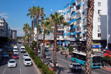 Antalya, Turkey - July 1, 2022: View of 100th Anniversary Boulevard, a busy street in the central Antalya