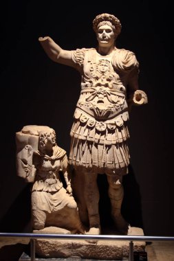 Antalya, Turkey - August 6, 2022: Statue of Emperor Traian from Perge Ancient City in Archaelogical Museum of Antalya