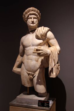 Antalya, Turkey - August 6, 2022: Statue of Emperor Hadrian from Perge Ancient City in Archaelogical Museum of Antalya