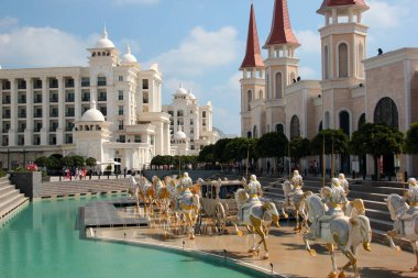 Antalya, Turkey - August 6, 2022: The Land of Legends shopping street, aquapark and theme park is a popular tourist destination near Belek, Antalya