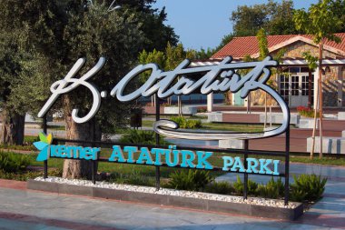Kemer, Turkey - August 14, 2022:  Entrance to Ataturk public park in central Kemer, a popular resort town in Antalya region.