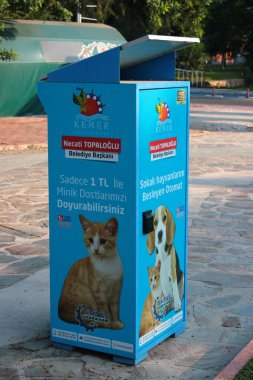 Kemer, Turkey - August 14, 2022:  Automatic street pet feeder in Kemer, a popular resort town in Turkish Mediterranean Riviera