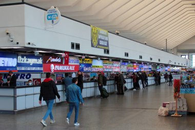 Ankara, Turkey - April 19, 2022: Interior of Ankara Central Bus Station. Ticket offices of various bus companies offer comfortable domestic and international travel.