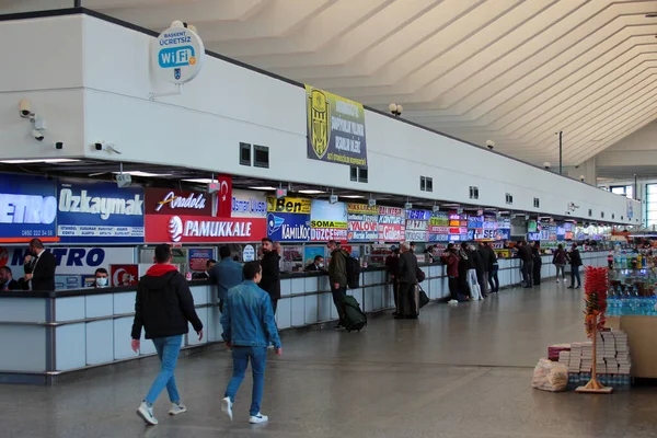 Ankara, Turkey - April 19, 2022: Interior of Ankara Central Bus Station. Ticket offices of various bus companies offer comfortable domestic and international travel.