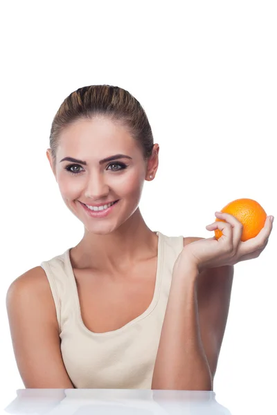 Close-up portrait of happy young woman with juice on white backg — Stock Photo, Image