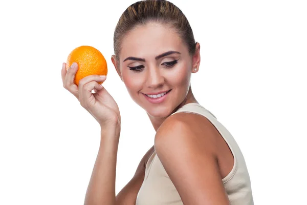 Close-up portrait of happy young woman with juice on white backg — Stock Photo, Image