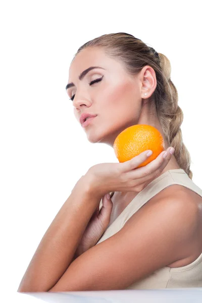 Close-up portrait of happy young woman with juice on white backg — Stock Photo, Image