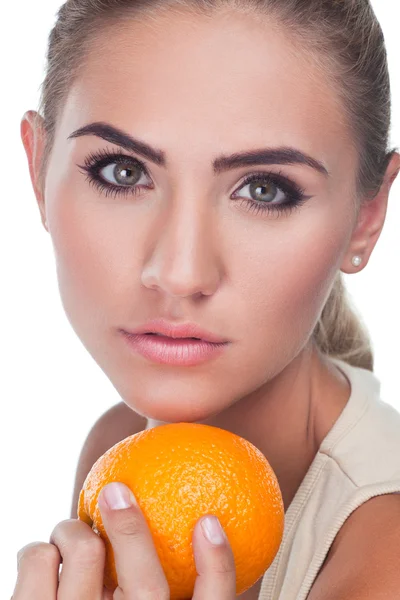 Close-up portrait of happy young woman with juice on white backg — Stock Photo, Image