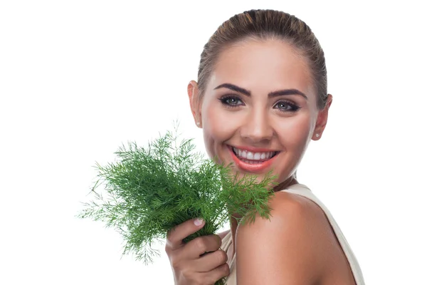 Close-up portrait of happy young woman with bundle herbs (dill) — Stock Photo, Image