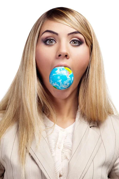 Pretty smiling woman holding a world globe. Business woman — Stock Photo, Image