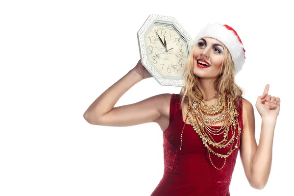 クリスマス サンタ クロース衣装空空ボードと女性 — ストック写真