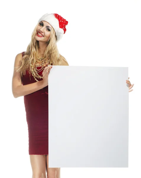 Mujer de Navidad en traje de Santa Claus con tablero vacío en blanco — Foto de Stock