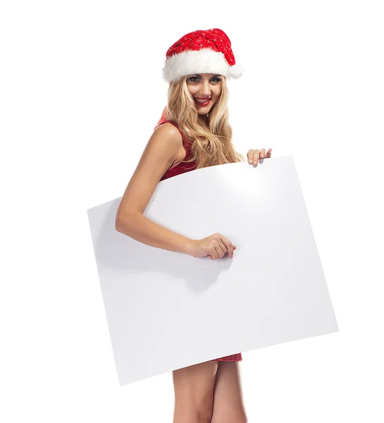 Vánoční žena v kostýmu santa doložka s prázdné prázdné desky — Stock fotografie